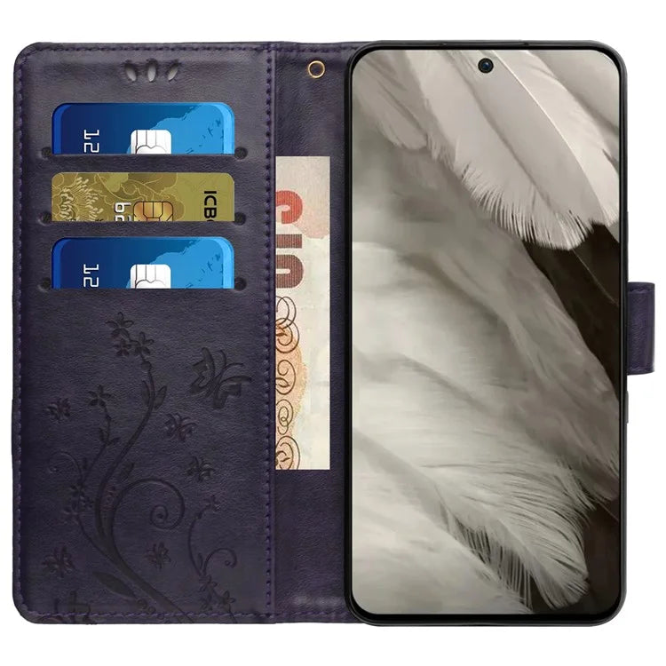 For Google Pixel 8 Phone Case Leather Flip Cover Butterfly Flower Pattern Imprinted