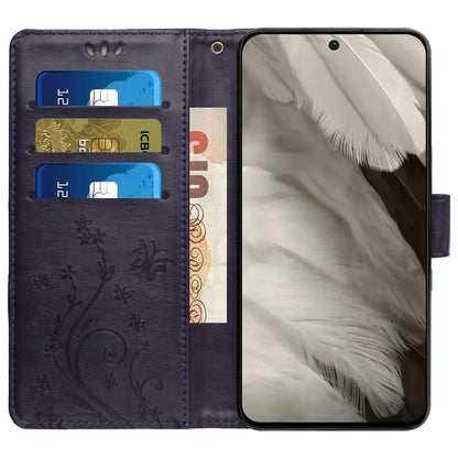 For Google Pixel 8 Phone Case Leather Flip Cover Butterfly Flower Pattern Imprinted