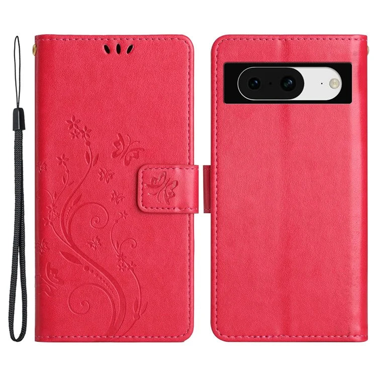 For Google Pixel 8 Phone Case Leather Flip Cover Butterfly Flower Pattern Imprinted