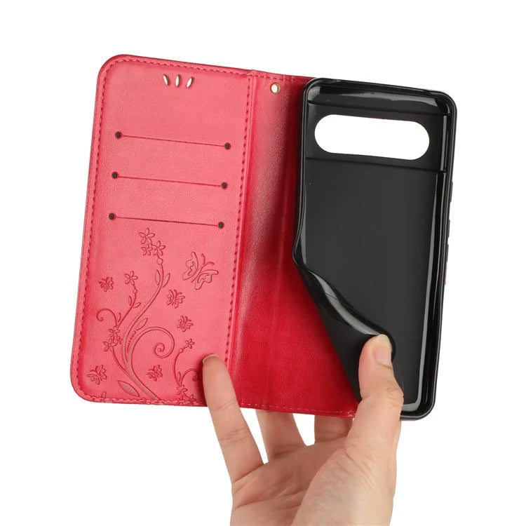 For Google Pixel 8 Phone Case Leather Flip Cover Butterfly Flower Pattern Imprinted
