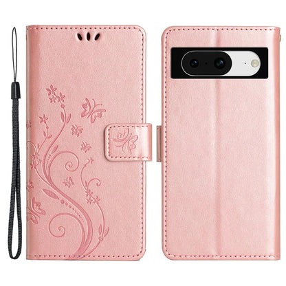 For Google Pixel 8 Phone Case Leather Flip Cover Butterfly Flower Pattern Imprinted