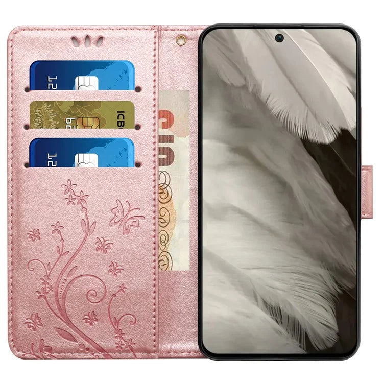 For Google Pixel 8 Phone Case Leather Flip Cover Butterfly Flower Pattern Imprinted