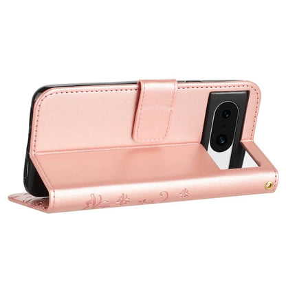 For Google Pixel 8 Phone Case Leather Flip Cover Butterfly Flower Pattern Imprinted