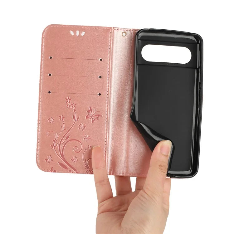 For Google Pixel 8 Phone Case Leather Flip Cover Butterfly Flower Pattern Imprinted