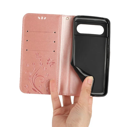 For Google Pixel 8 Phone Case Leather Flip Cover Butterfly Flower Pattern Imprinted