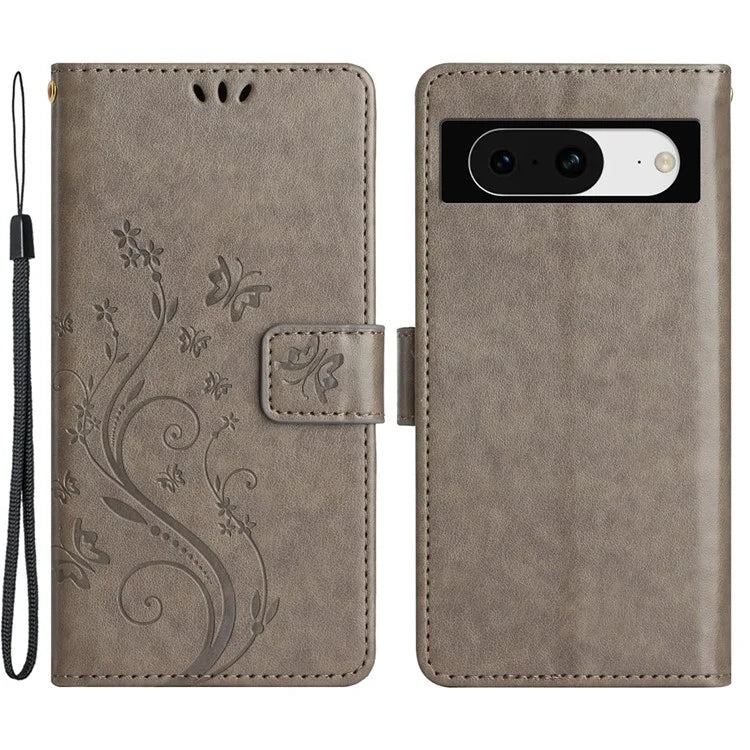 For Google Pixel 8 Phone Case Leather Flip Cover Butterfly Flower Pattern Imprinted