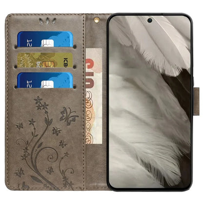 For Google Pixel 8 Phone Case Leather Flip Cover Butterfly Flower Pattern Imprinted