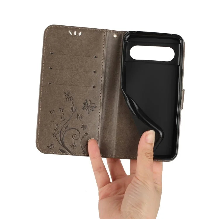 For Google Pixel 8 Phone Case Leather Flip Cover Butterfly Flower Pattern Imprinted