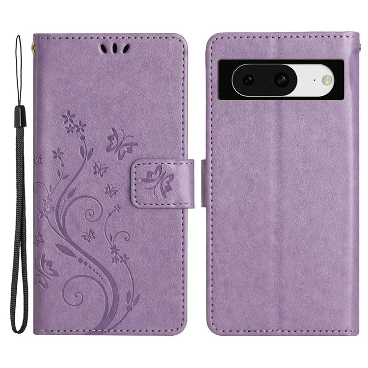 For Google Pixel 8 Phone Case Leather Flip Cover Butterfly Flower Pattern Imprinted