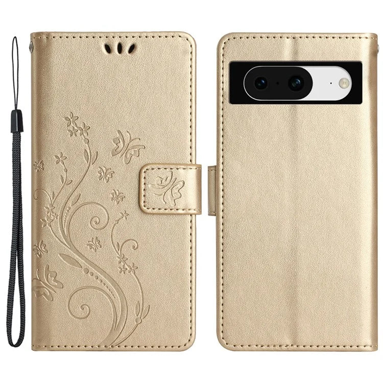 For Google Pixel 8 Phone Case Leather Flip Cover Butterfly Flower Pattern Imprinted