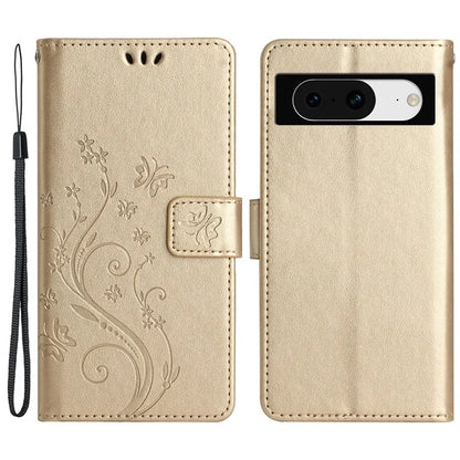 For Google Pixel 8 Phone Case Leather Flip Cover Butterfly Flower Pattern Imprinted
