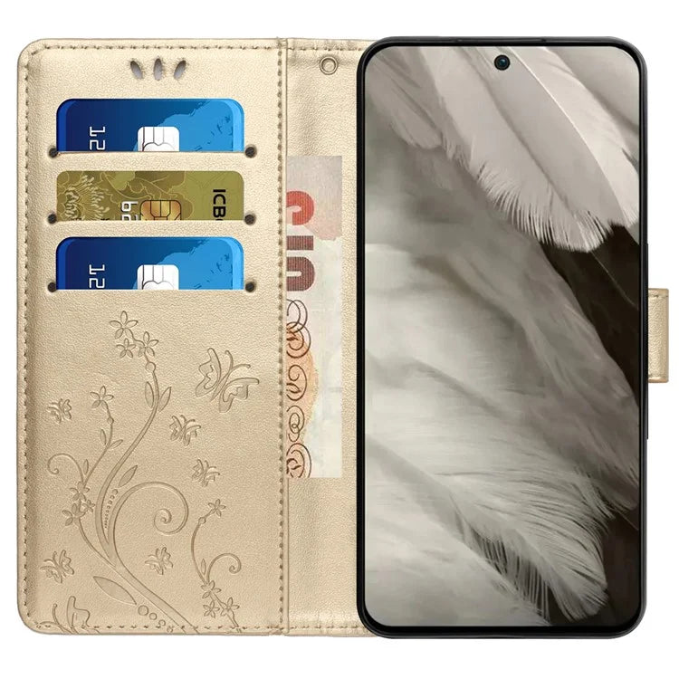 For Google Pixel 8 Phone Case Leather Flip Cover Butterfly Flower Pattern Imprinted