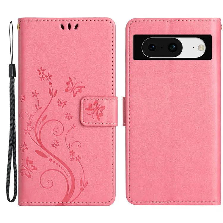 For Google Pixel 8 Phone Case Leather Flip Cover Butterfly Flower Pattern Imprinted