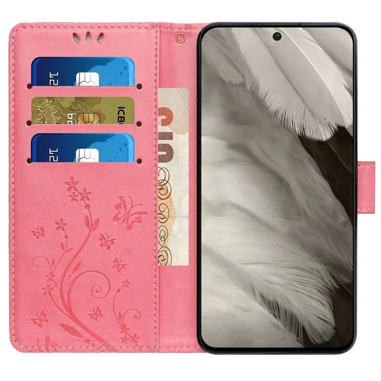 For Google Pixel 8 Phone Case Leather Flip Cover Butterfly Flower Pattern Imprinted