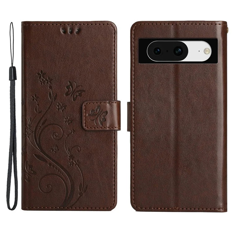 For Google Pixel 8 Phone Case Leather Flip Cover Butterfly Flower Pattern Imprinted