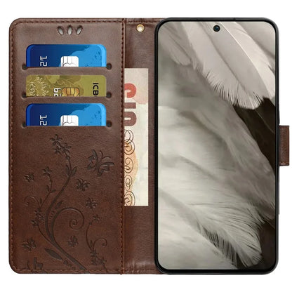 For Google Pixel 8 Phone Case Leather Flip Cover Butterfly Flower Pattern Imprinted