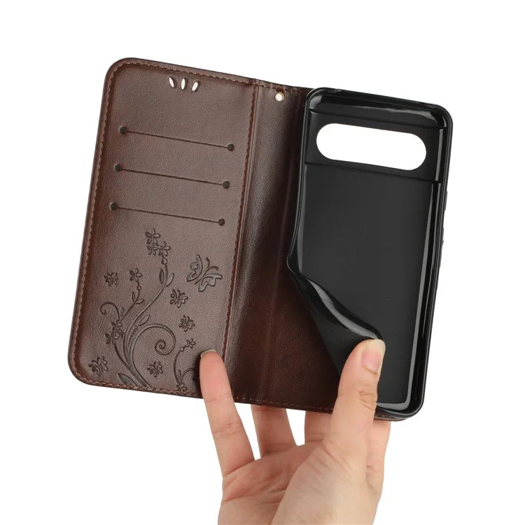 For Google Pixel 8 Phone Case Leather Flip Cover Butterfly Flower Pattern Imprinted