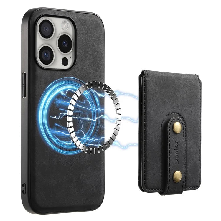 DENIOR D14 For iPhone 16 Pro Max Magnetic Case Leather+PC+TPU Phone Cover Card Bag