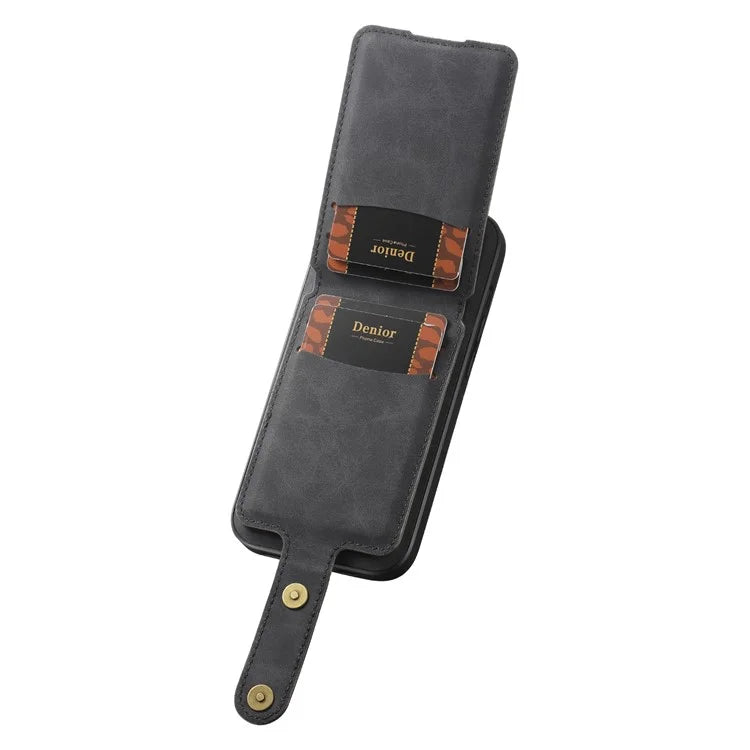 DENIOR D14 For iPhone 16 Pro Max Magnetic Case Leather+PC+TPU Phone Cover Card Bag