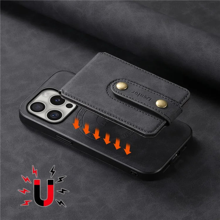 DENIOR D14 For iPhone 16 Pro Max Magnetic Case Leather+PC+TPU Phone Cover Card Bag