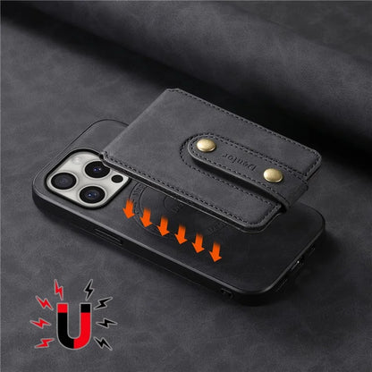 DENIOR D14 For iPhone 16 Pro Max Magnetic Case Leather+PC+TPU Phone Cover Card Bag