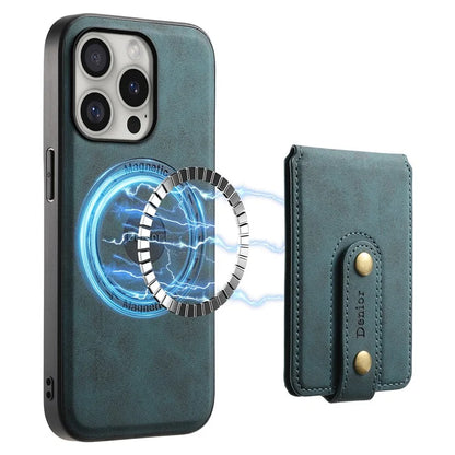 DENIOR D14 For iPhone 16 Pro Max Magnetic Case Leather+PC+TPU Phone Cover Card Bag