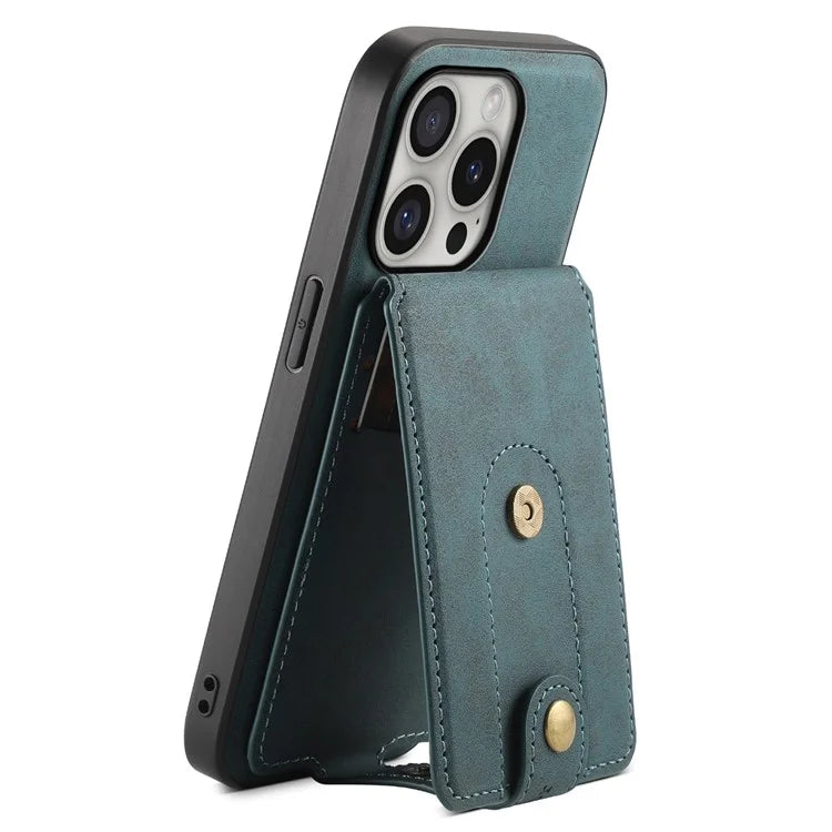 DENIOR D14 For iPhone 16 Pro Max Magnetic Case Leather+PC+TPU Phone Cover Card Bag