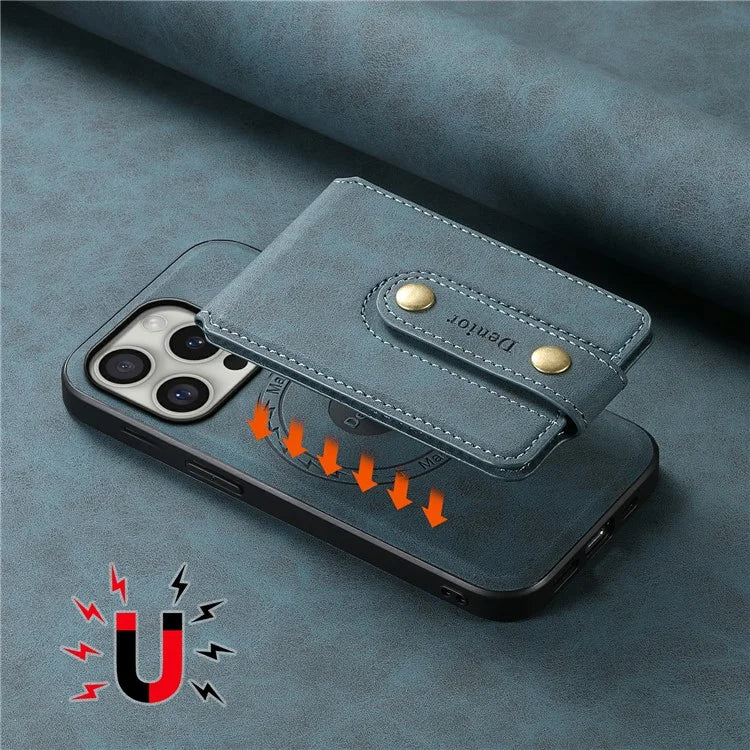 DENIOR D14 For iPhone 16 Pro Max Magnetic Case Leather+PC+TPU Phone Cover Card Bag