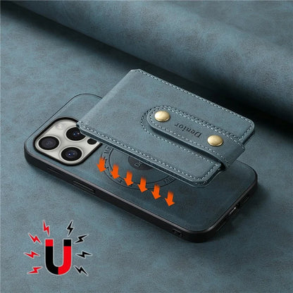 DENIOR D14 For iPhone 16 Pro Max Magnetic Case Leather+PC+TPU Phone Cover Card Bag