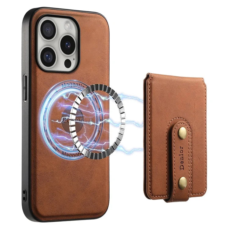DENIOR D14 For iPhone 16 Pro Max Magnetic Case Leather+PC+TPU Phone Cover Card Bag