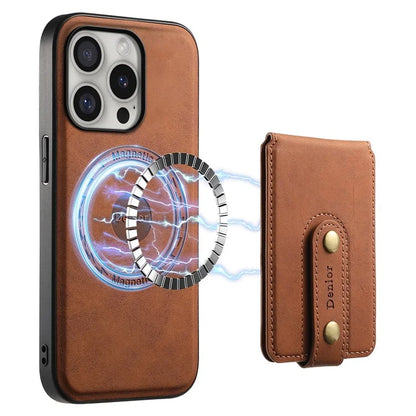 DENIOR D14 For iPhone 16 Pro Max Magnetic Case Leather+PC+TPU Phone Cover Card Bag