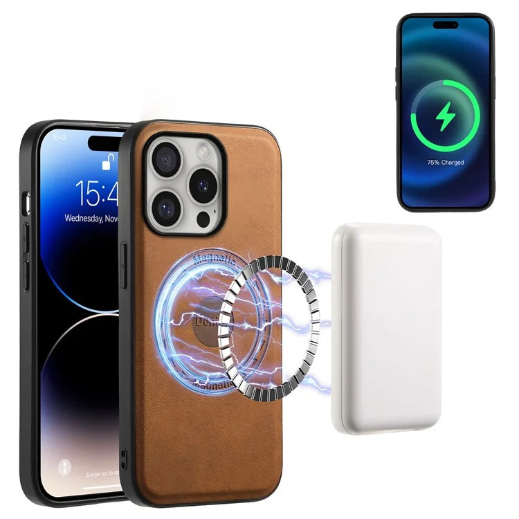 DENIOR D14 For iPhone 16 Pro Max Magnetic Case Leather+PC+TPU Phone Cover Card Bag