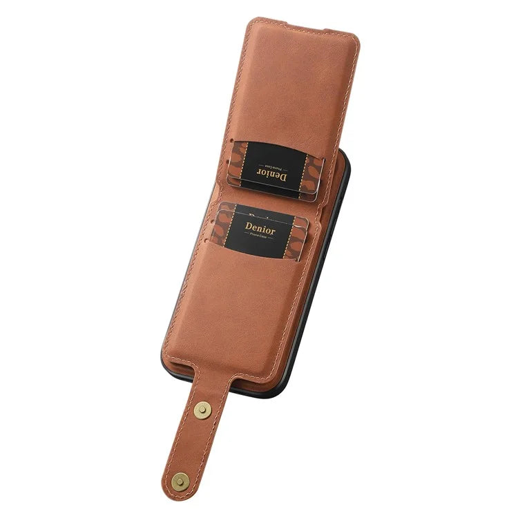 DENIOR D14 For iPhone 16 Pro Max Magnetic Case Leather+PC+TPU Phone Cover Card Bag