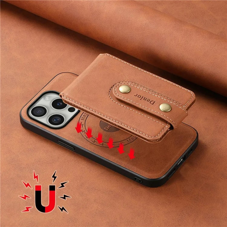 DENIOR D14 For iPhone 16 Pro Max Magnetic Case Leather+PC+TPU Phone Cover Card Bag