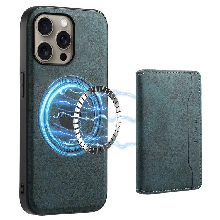 DENIOR D13 For iPhone 16 Pro Max Magnetic Case Leather Phone Back Cover Card Holder