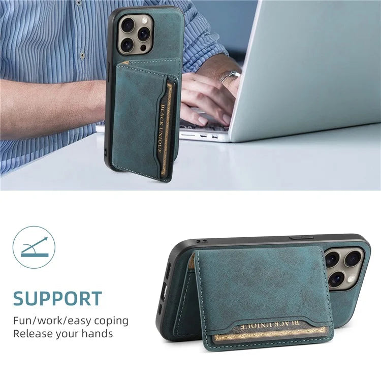 DENIOR D13 For iPhone 16 Pro Max Magnetic Case Leather Phone Back Cover Card Holder