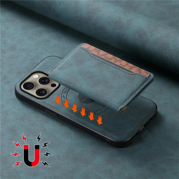 DENIOR D13 For iPhone 16 Pro Max Magnetic Case Leather Phone Back Cover Card Holder