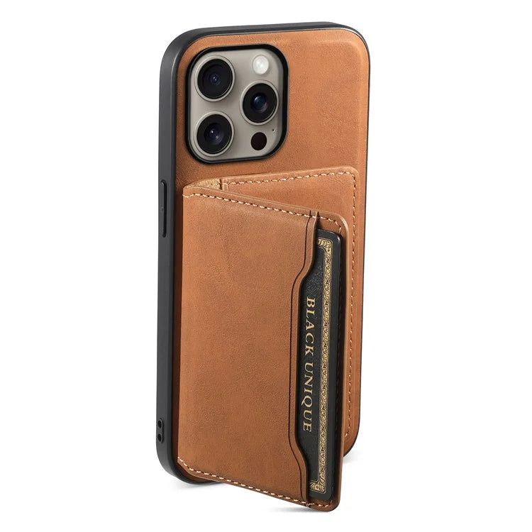DENIOR D13 For iPhone 16 Pro Max Magnetic Case Leather Phone Back Cover Card Holder