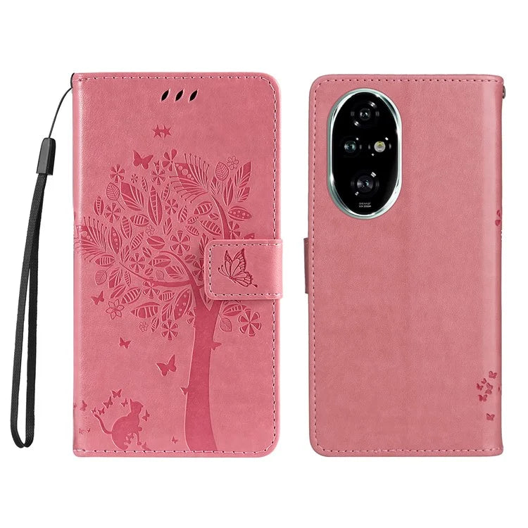 KT Imprinting Flower Series-3 For Honor 200 Pro 5G Case Wallet Leather Cover Cat Tree Pattern