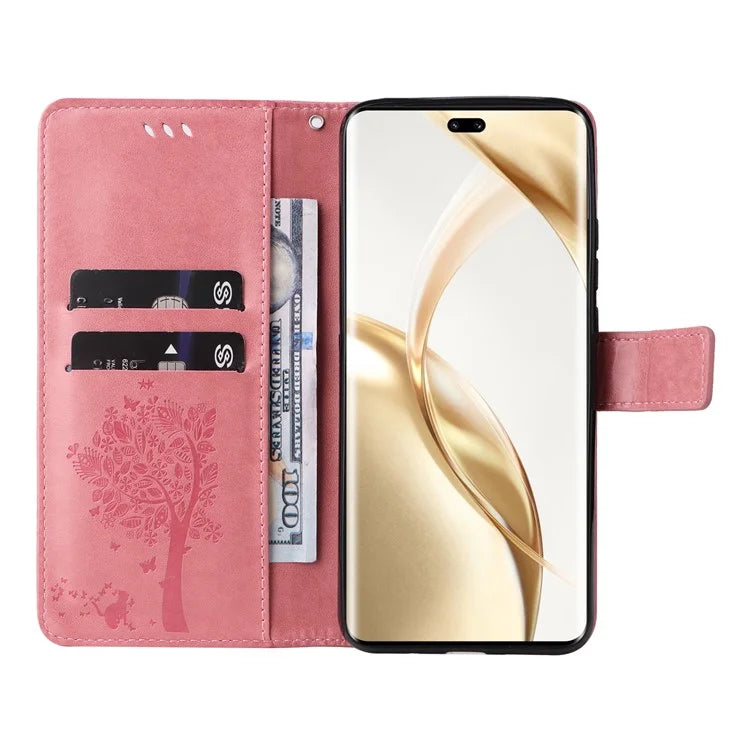KT Imprinting Flower Series-3 For Honor 200 Pro 5G Case Wallet Leather Cover Cat Tree Pattern