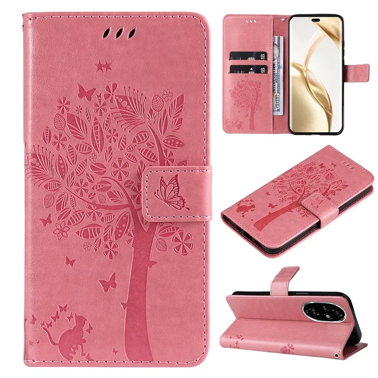 KT Imprinting Flower Series-3 For Honor 200 Pro 5G Case Wallet Leather Cover Cat Tree Pattern