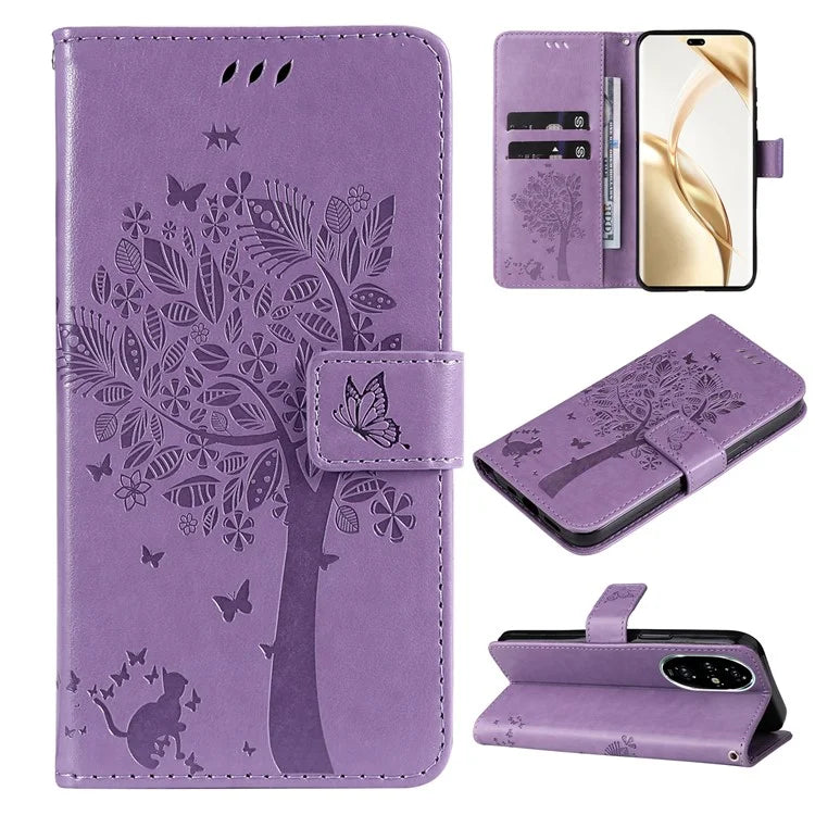 KT Imprinting Flower Series-3 For Honor 200 Pro 5G Case Wallet Leather Cover Cat Tree Pattern