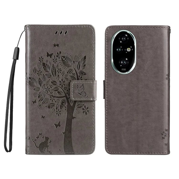 KT Imprinting Flower Series-3 For Honor 200 Pro 5G Case Wallet Leather Cover Cat Tree Pattern