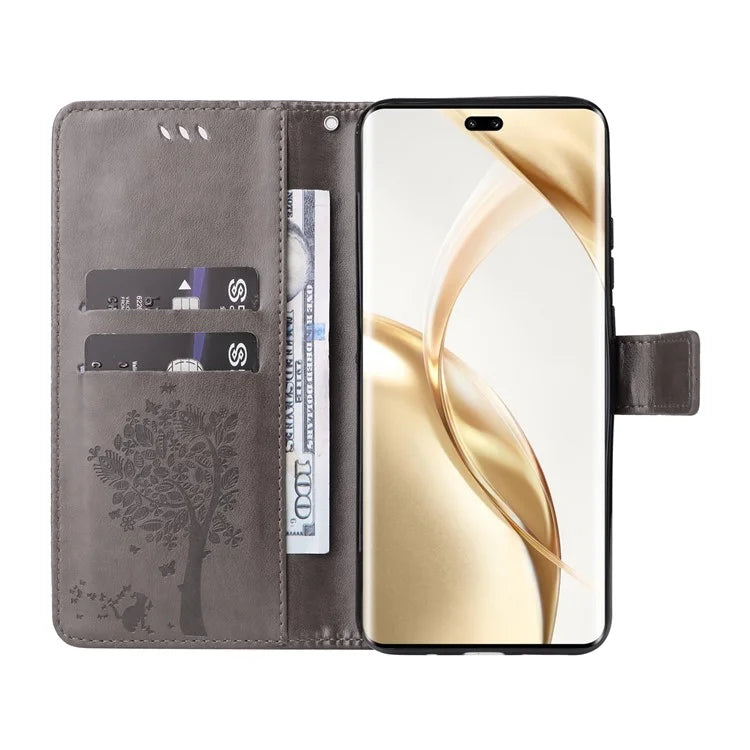 KT Imprinting Flower Series-3 For Honor 200 Pro 5G Case Wallet Leather Cover Cat Tree Pattern