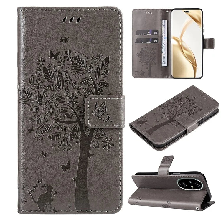 KT Imprinting Flower Series-3 For Honor 200 Pro 5G Case Wallet Leather Cover Cat Tree Pattern