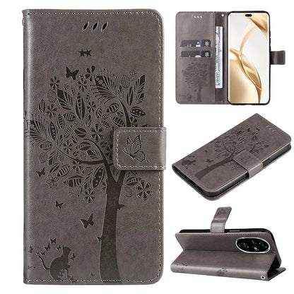 KT Imprinting Flower Series-3 For Honor 200 Pro 5G Case Wallet Leather Cover Cat Tree Pattern