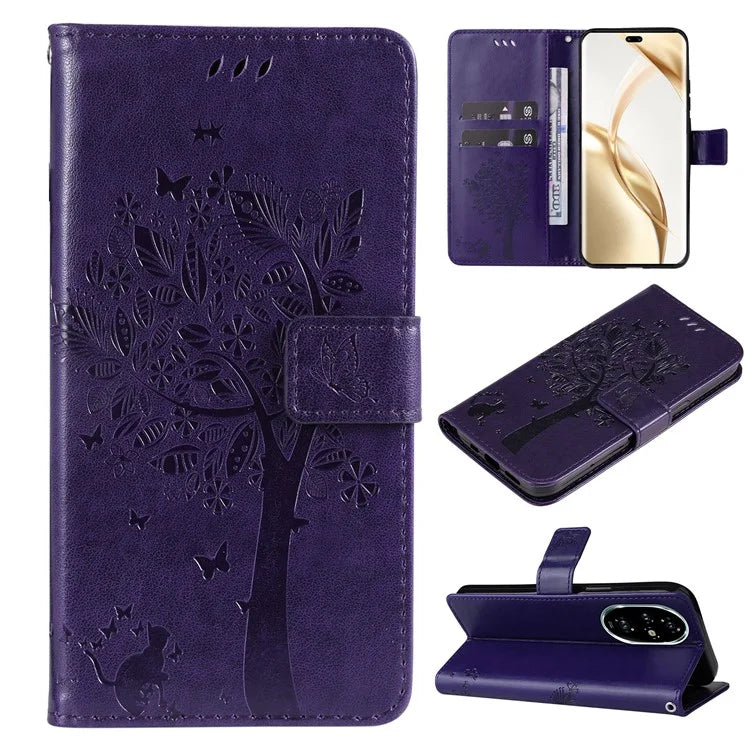 KT Imprinting Flower Series-3 For Honor 200 Pro 5G Case Wallet Leather Cover Cat Tree Pattern