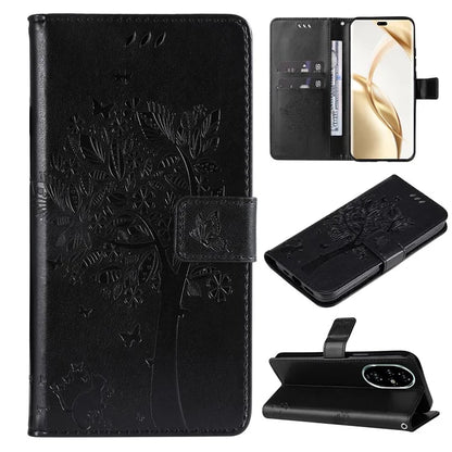 KT Imprinting Flower Series-3 For Honor 200 Pro 5G Case Wallet Leather Cover Cat Tree Pattern