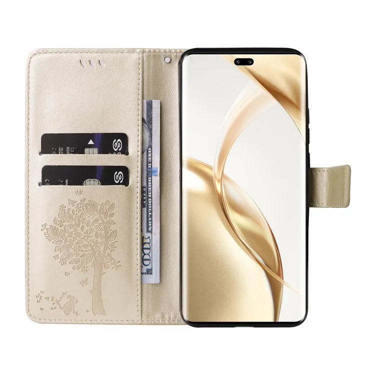 KT Imprinting Flower Series-3 For Honor 200 Pro 5G Case Wallet Leather Cover Cat Tree Pattern