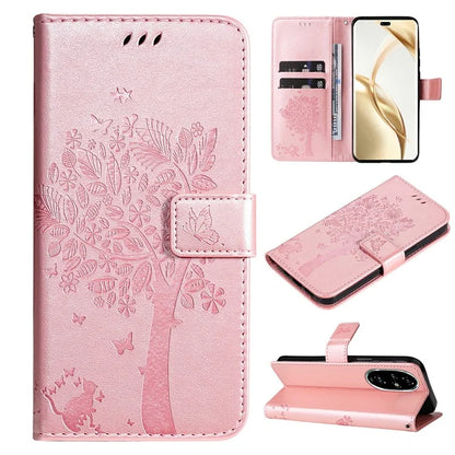 KT Imprinting Flower Series-3 For Honor 200 Pro 5G Case Wallet Leather Cover Cat Tree Pattern